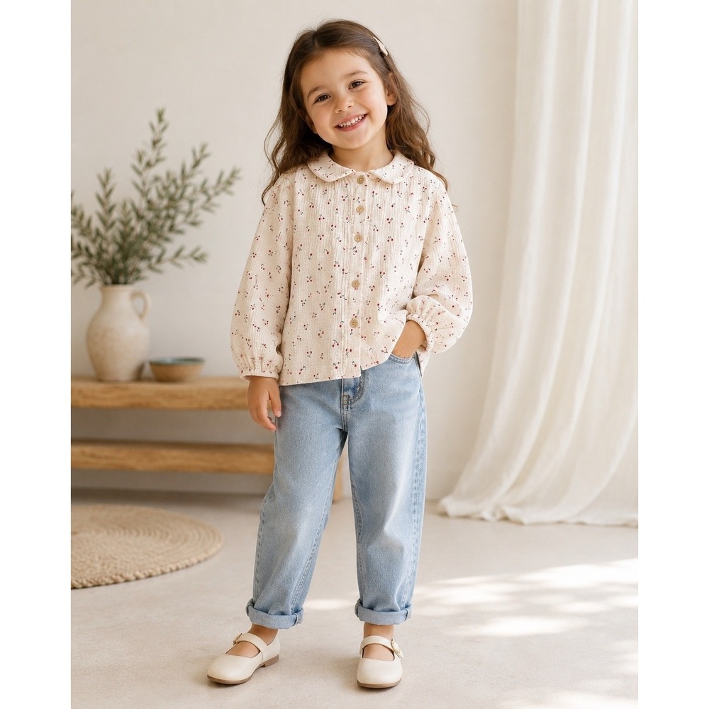 Zara Kids Cherry Gauze Blouse Girls 4-5Y 110 Cotton Puff Sleeve Cottagecore